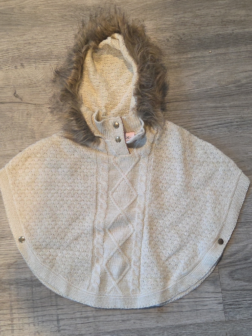 Little Lass Cream Knit Hooded Poncho with Faux Fur Trim